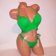 Victoria Secret Swim Bikini 32C Top Small Bottom Bombshell Push Up Green Solid