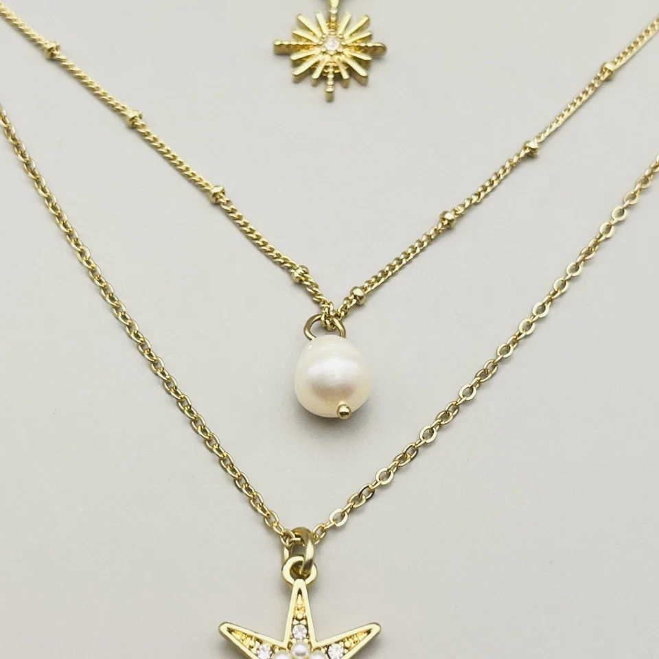 Collar Capas Extraíbles LUCKY BRAND Tono Dorado Estrella Sol Perla Dijes Delicados 20" Foto 4 de 4