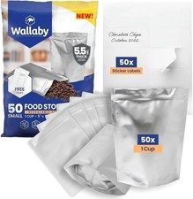 50ct 1-Cup Gusset Mylar Bags w/ Labels 11Mil Thick Stand-Up Zipper  Silver