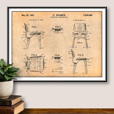 1947 Eames Chair Furniture Construction Patent Print Art Drawing Poster