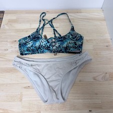Pink Victoria's Secret Palm Print Bikini Top and Crochet Detail Bottom Set