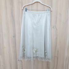 Womens Floral Embroidered Midi Skirt L Cream Mesh A-Line Ballet Fairy Coquette