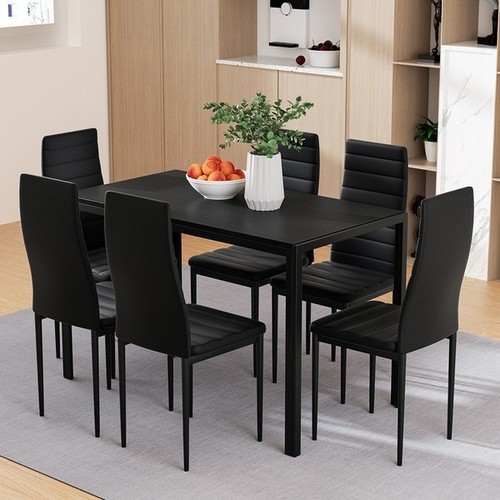 Dining Chairs and Table Dining Set 6 Chair Set Of 7 Black - Picture 1 of 8
