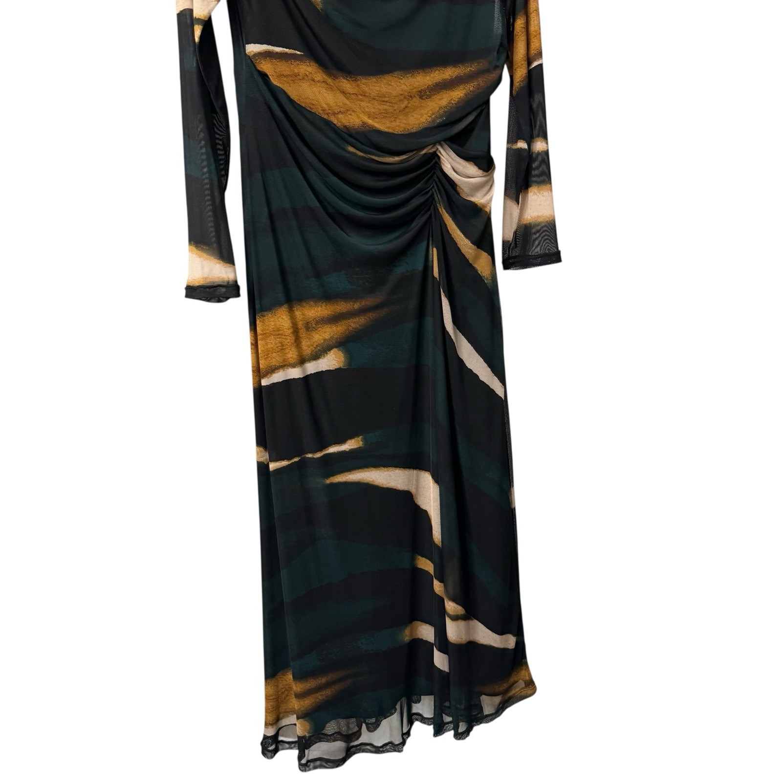 DKNY Maxi Dress Mesh Overlay Black Green Tan Sheer Sleeve Ruched Waist Sz 10 EUC image 10