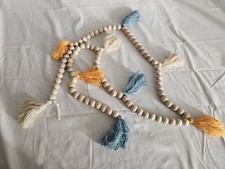 Rustic Farmhouse Boho Wood Beads w/ teal orange  cream tassels Autumn Garland