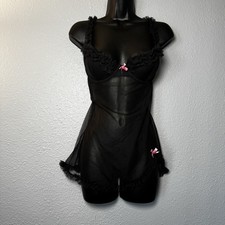 Y2K Vintage Black & Pink Ruffled Sheer bows Push-up Chemise Babydoll Teddy slip