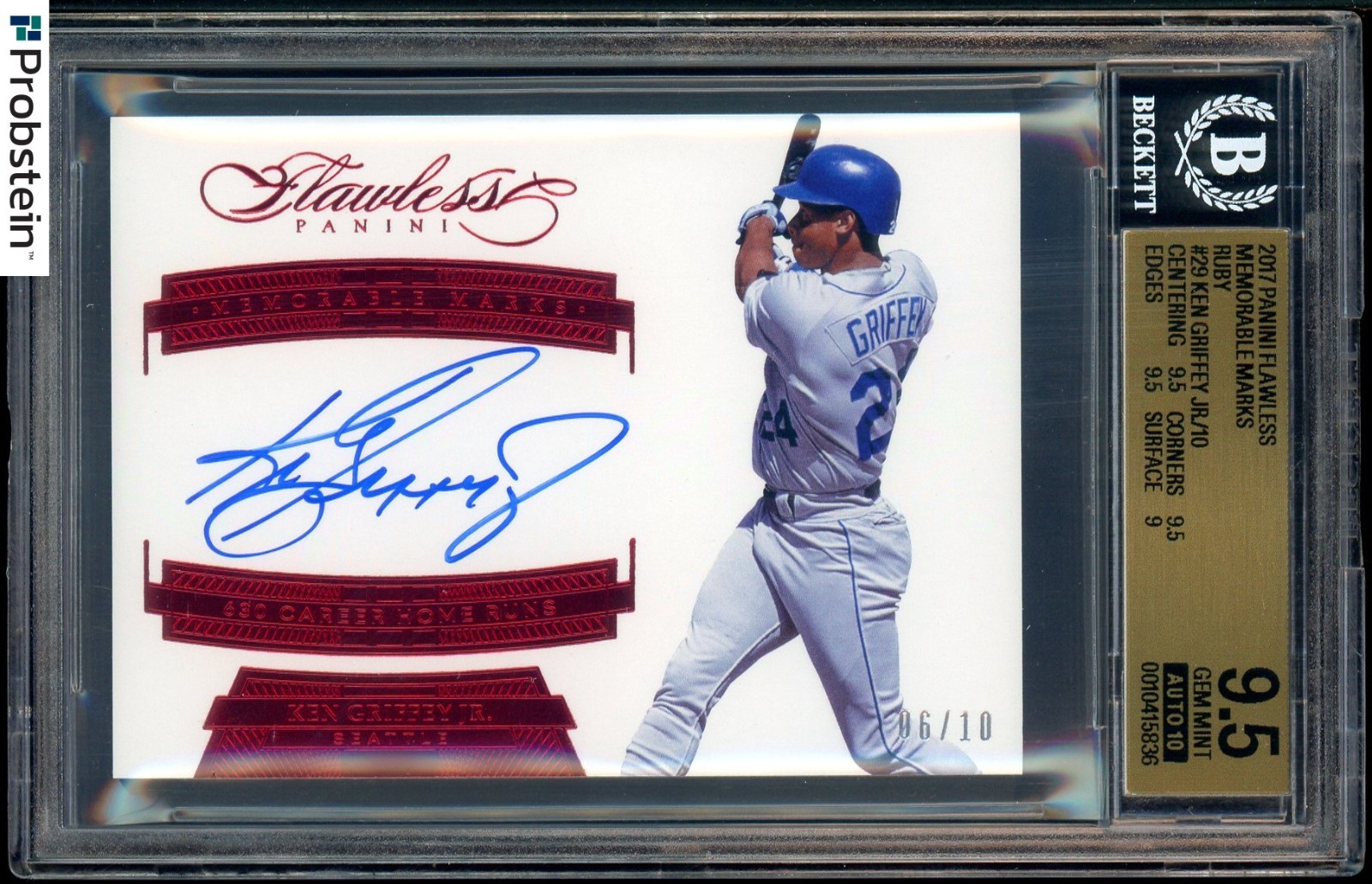2017 Panini Flawless Ruby #29 Ken Griffey Jr HOF 6/10 BGS 9.5 w/ 10 ON CARD AUTO view 2