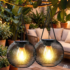 2Pcs Solar Lanterns Waterproof Metal Hanging Solar Lights Garden Outdoor Decor