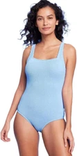 Kona Sol Swimwear Womens Textured Full Coverage One Piece Square Neck Blue M
