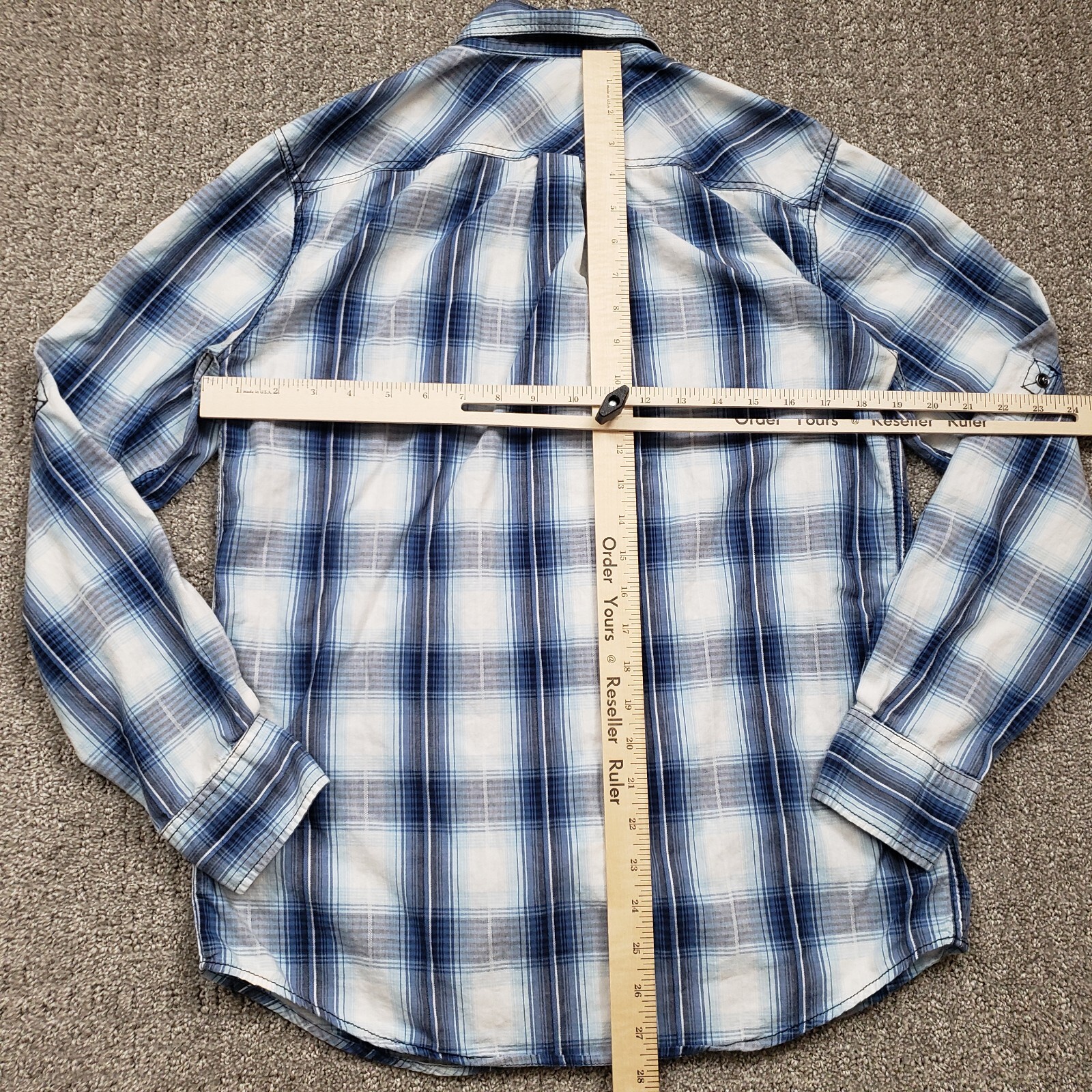 Yoke Ruler SKULLY Western Shirt Mens Medium Blue Plaid Snap Button Down Long ...