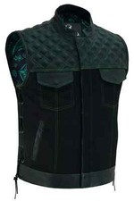 Mens Black Denim Style Leather Motorcycle Club Vest Green Thread Diamond Padding