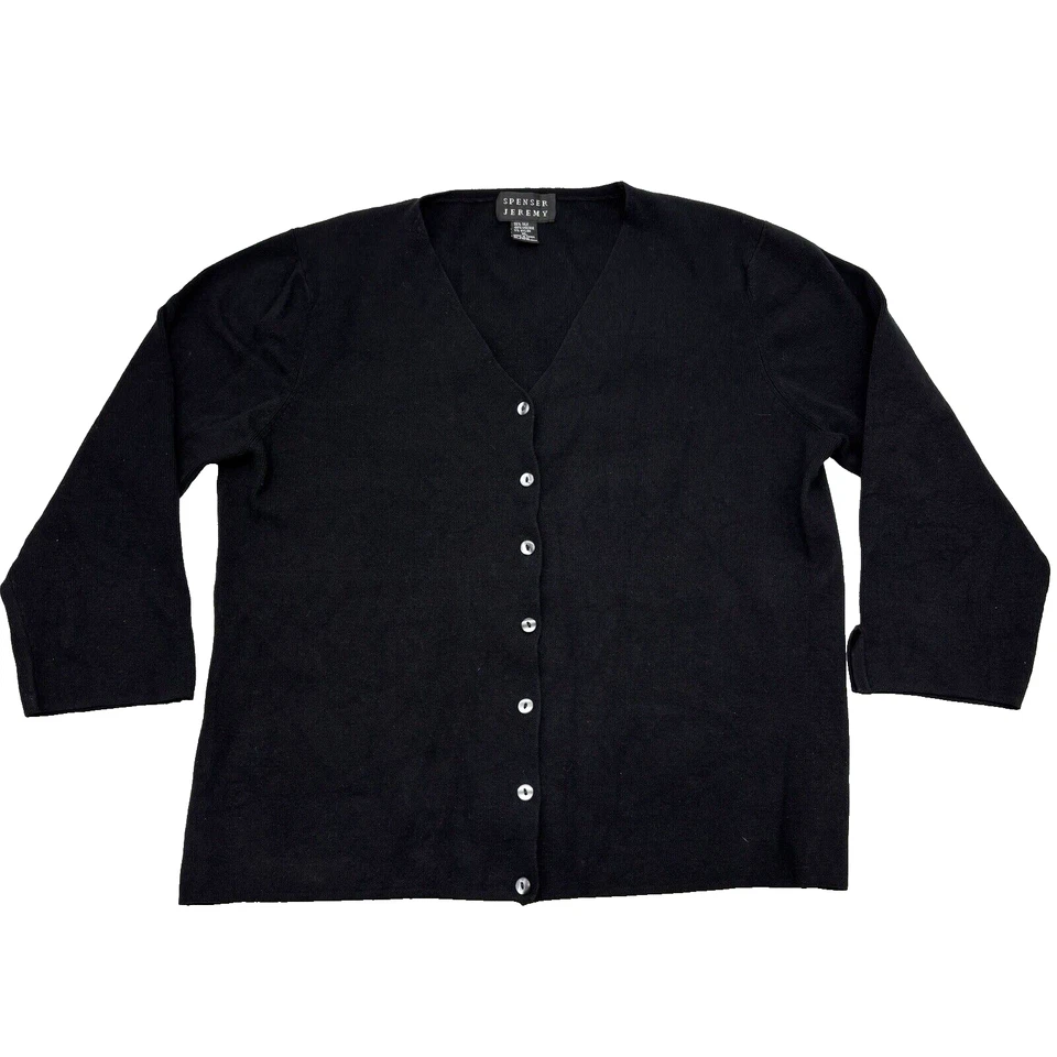 Spenser Jeremy Black Silk Blend Ribbed 3/4 Sleeve Button Down V-Neck Cardigan XL - Image 2 of 4