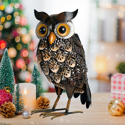 Garden Statue Metal Owl Yard Art Outdoor Decor with Solar LED Lights for Patio L - Picture 2 of 9