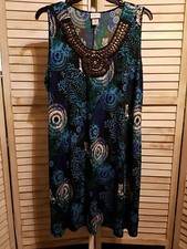 Jaclyn Smith Womens Dress Size 2X Blue Green White Sleeveless Embellished Neck
