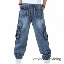 Mens Hip-Hop Jeans Cargo Pants Denim Baggy Loose Streetwear Skateboard Stonewash