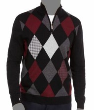  55 Club Room Men's Black Pullover Pima Argyle Quarter-Zip Sweater Size Large