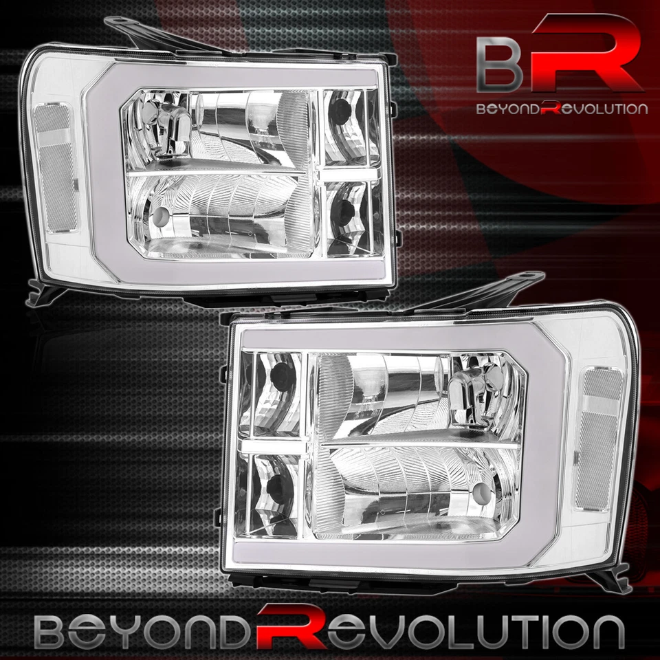 For 2007-2014 GMC Sierra Chrome LED DRL Tube Headlight Assembly Signal Lamp Pair — 第 4/4 张图片