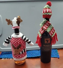 2 Sets Wine Bottle Cover Moose Christmas Sweater Hat Decoration Winter Scarf Hat