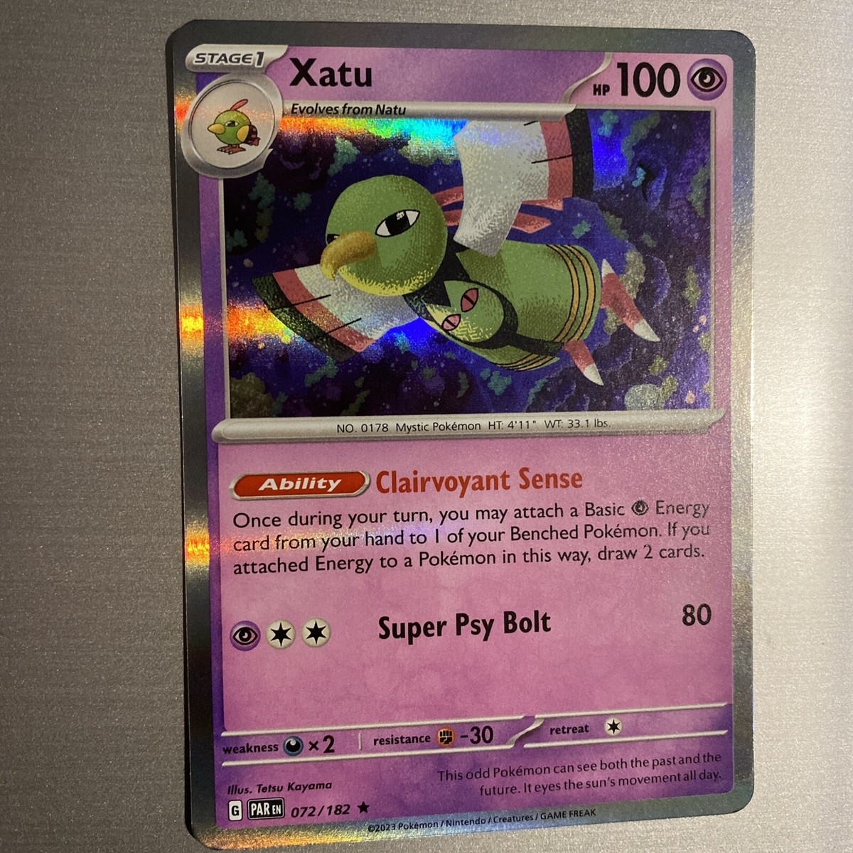 Pokemon Paradox Rift Xatu Rare Foil Card 072/182 Pokemon Paradox Rift Xatu Rare Foil Card 072/182