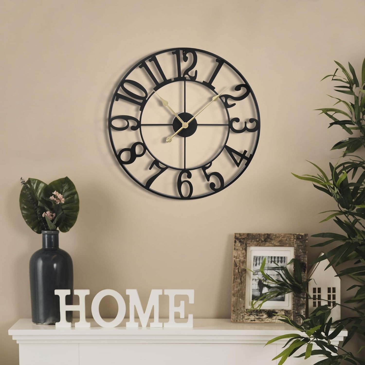 Oversized 24" Silent Wall Clock - Retro Black Metal for Indoor/Outdoor Decor