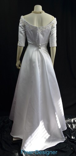 Haute Couture Portrait Wedding Gown White bridal dress Bead elbow sleeve 12 NEW - Picture 5 of 11