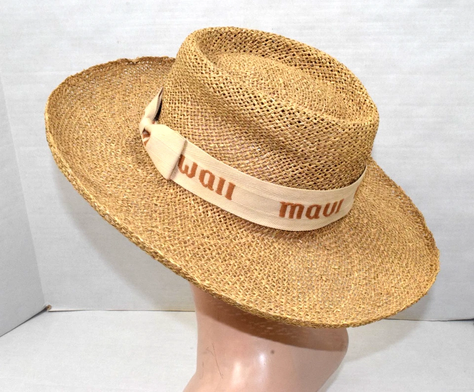Vintage Straw Hat Hawaiian Headwear 80s Island Names Stitched Band Made Hawaii - Image 3 of 4