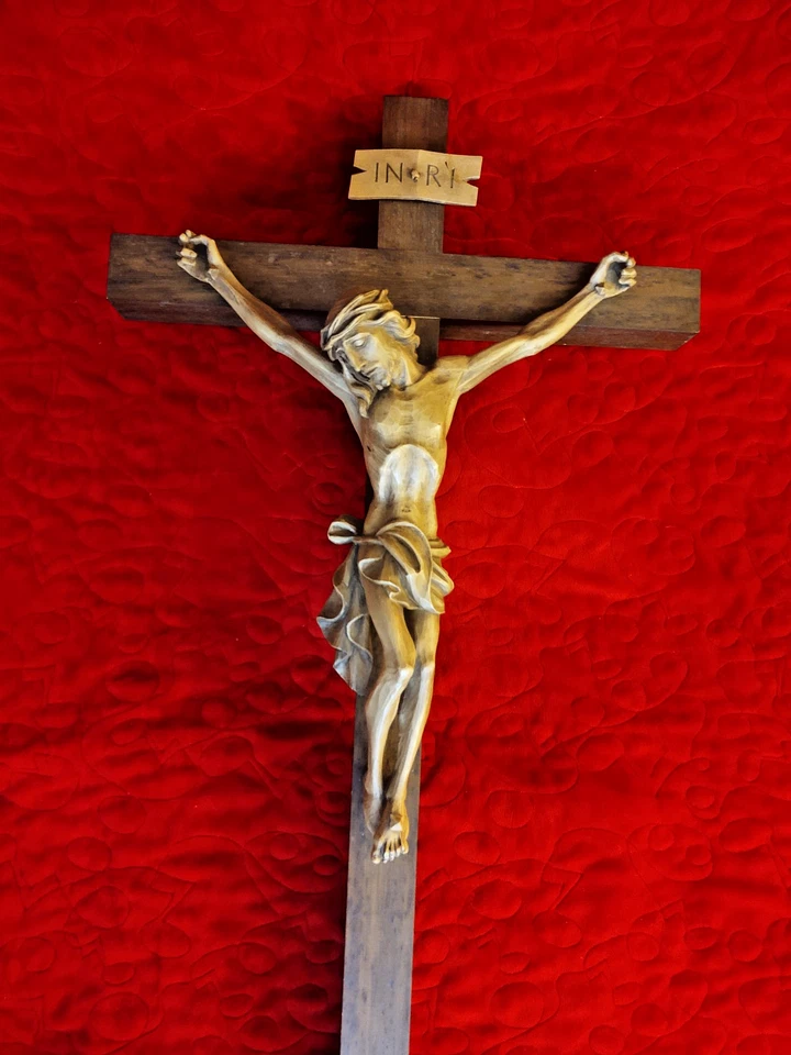 Crucifijo grande de madera, 36" de alto, bellas artes antiguas de Alemania Foto 2 de 4