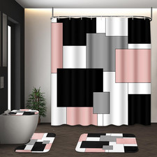 Bathroom Sets with Shower Curtain and Rugs, Set of 4 Geometric Pink