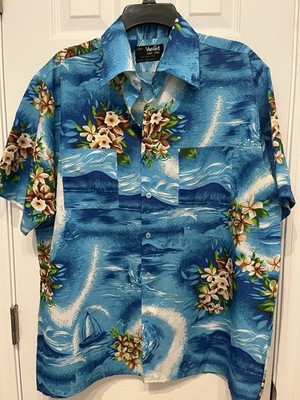Vintage Van Cort Hawaiian Shirt Mens Large Blue SURFBOARD Beach Button Up