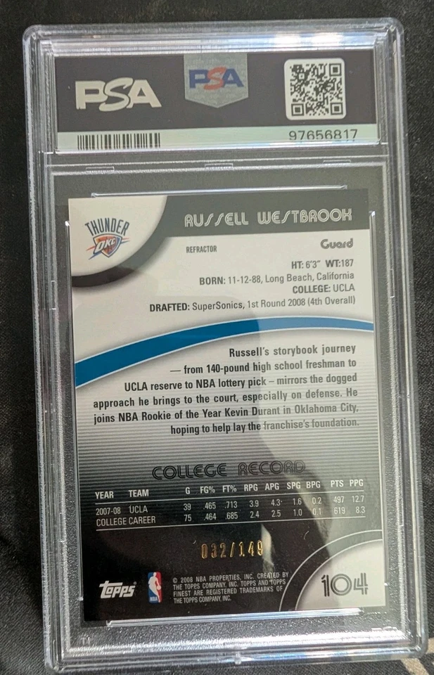 2007-08 Topps Finest #104 Russell Westbrook refractor verde/149 PSA 10 POP 10 Foto 2 de 4