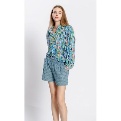 The Korner Watercolor Button Up Blouse Blue Floral Womens Medium NWT