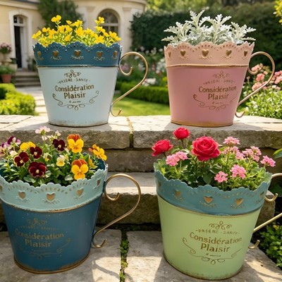2 Stück Französisches Design Blumentopf Romantische Optik Tasse Übertopf Mehrzweck