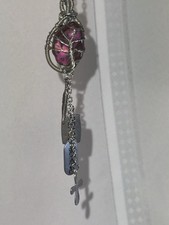 Handcrafted Wire Wrapped Purple Stone Oval Charm Pendant Necklace, Silver Cable  