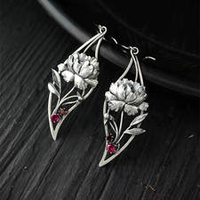 NEW Vintage Carved Leaf Dangle Earrings Red Stone Flower Design Metal Jewelry