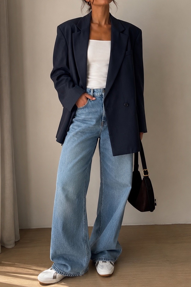 Giacca Blazer, Blu, Misto Lana Solotre Oversize Doppiopetto
