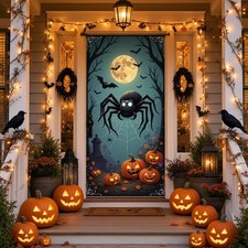 Halloween Giant Spider Door Banner Pumpkin Web Backdrop Front Door Decor Plaque