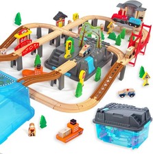 100Pcs Wooden Train Set for 3 Year Old Boys, Double-Side 100pcs