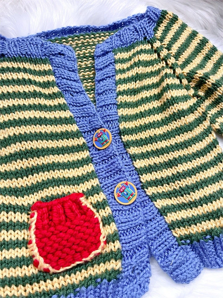 Suéter Cárdigan Tejido Azul y Amarillo Hecho a Mano para Niños Robot Botones Terroso 2t Foto 2 de 4