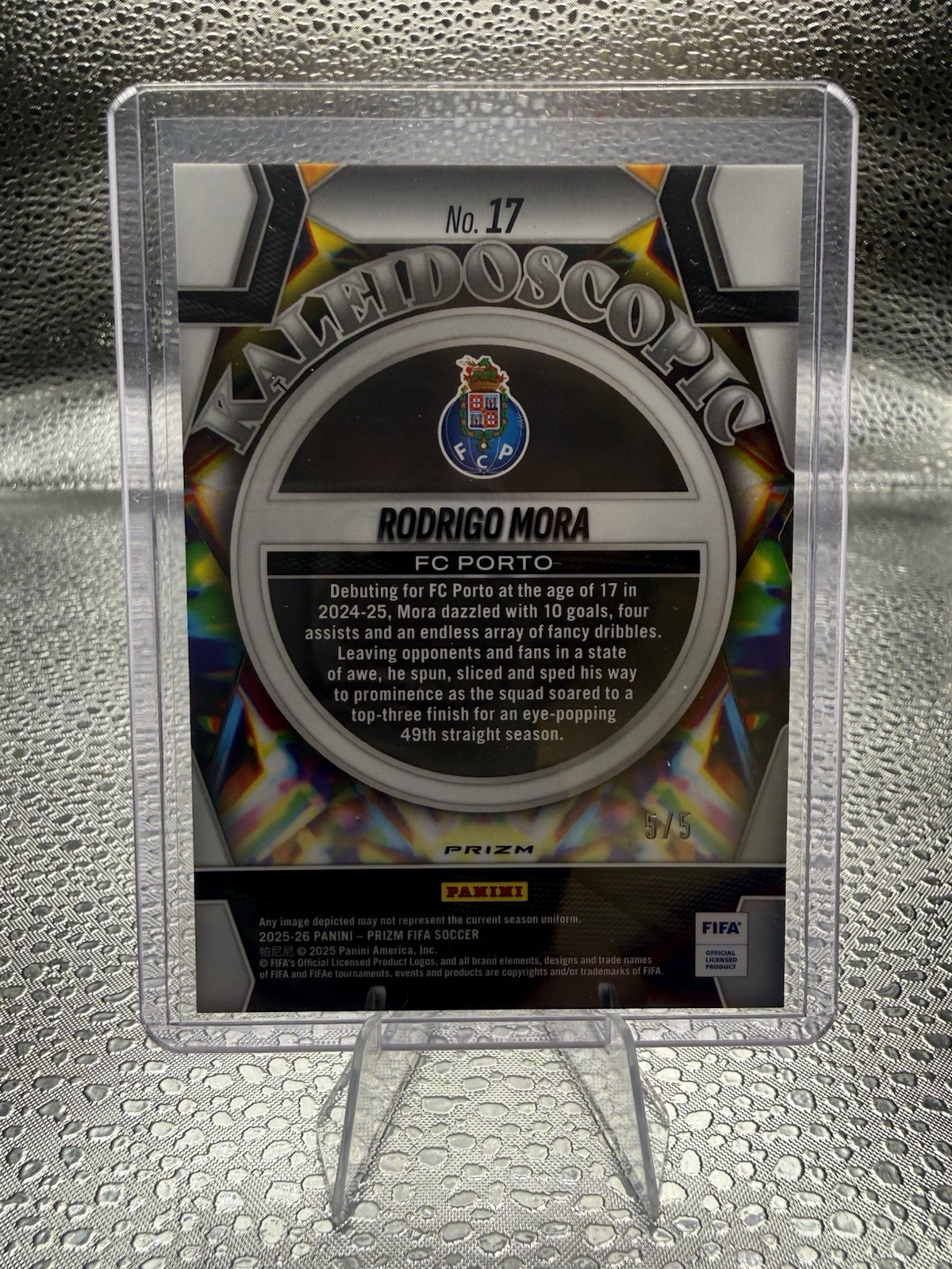 2025-26 Prizm FIFA Rodrigo Mora Kaleidoscopic FOTL Blue Shimmer 5/5 Color Match view 2