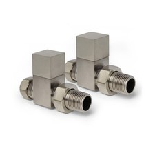 Square Brushed Nickel Straight Radiator Valves Pair Modern TRV Heating