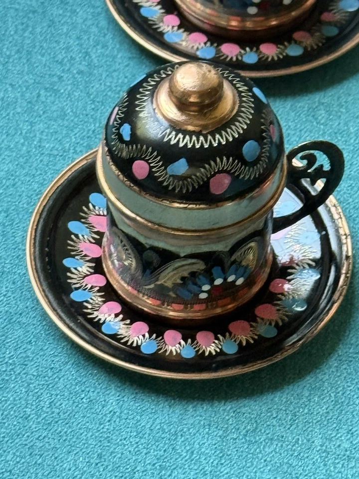 Copper Turkish Coffee Cups Set Of 4 Tea Expresso Cafe Dish Table Artisan - Image 2 of 4