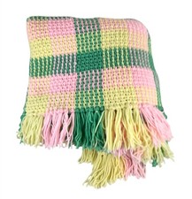 Pink Yellow Green Waffle Blanket Afghan 56 x 54" Crochet w/ Fringe