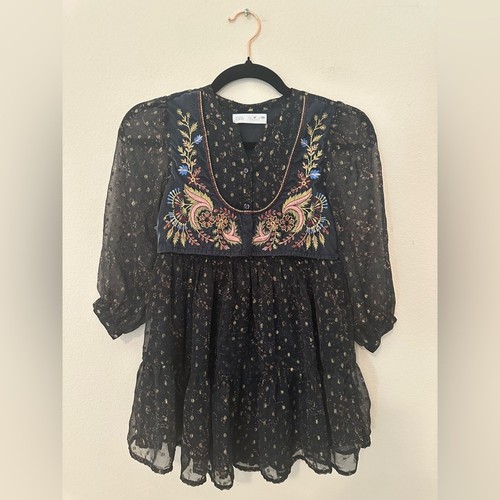 Zara Girl’s Black Floral Embroidered Vest Tiered Dress Sz 7 Bohemian Festive