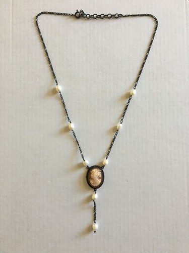 HALSKETTE VINTAGE schöne cremefarbene Kamee & Perlen Sterlingsilber schwarz 18" Kette - Bild 1 von 5