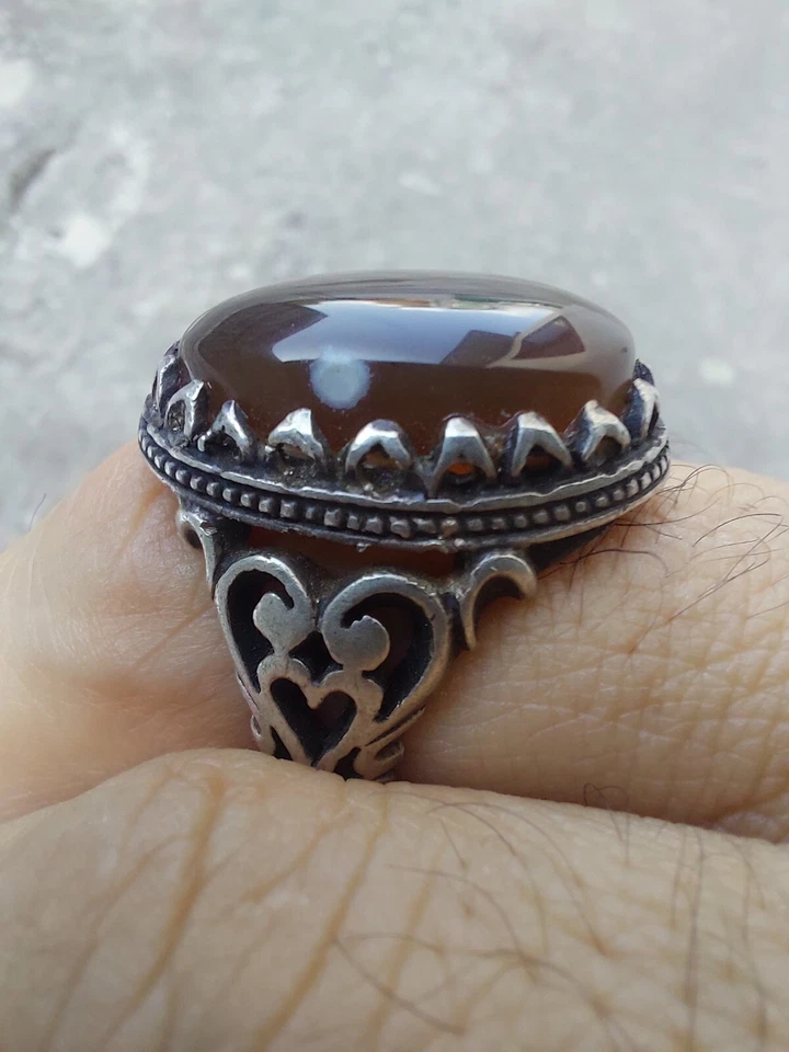 Anillo de Plata Ágata Aqeeq Yemení Sulimani MARRÓN GRANDE Anillo Akik Hecho a Mano Sufi Hombres Foto 3 de 4