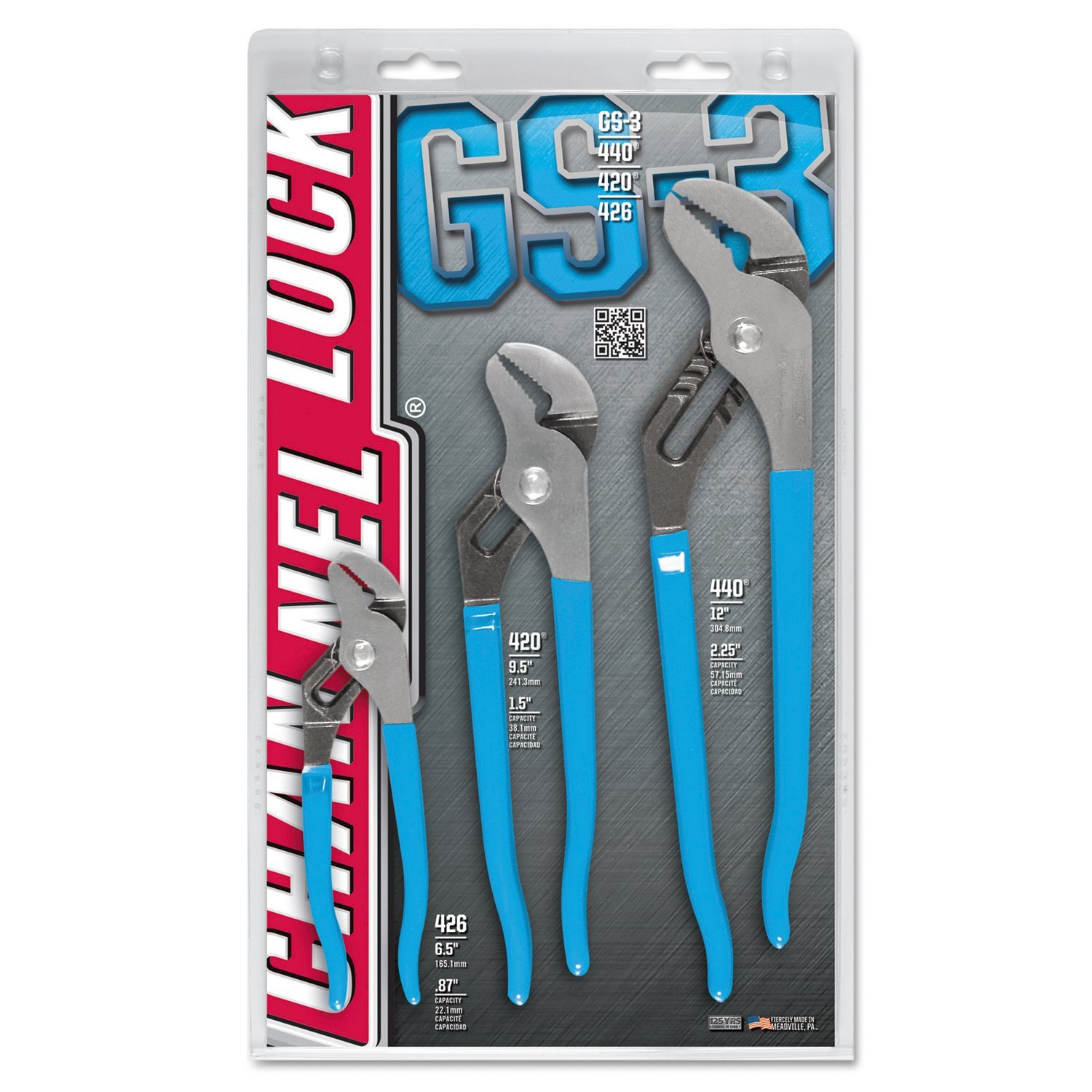 Channellock GS-3 Tongue Groove Plier Set 6.5 9.5 12 Inch Straight Jaw USA Made
