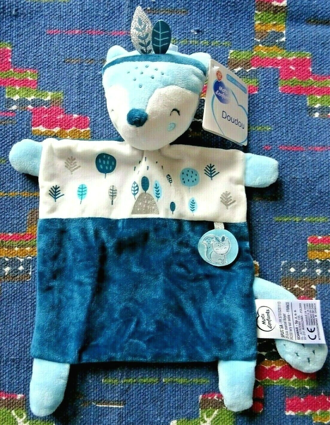 Doudou plat renard bleu et blanc Mots d'Enfants avec attache-tétine