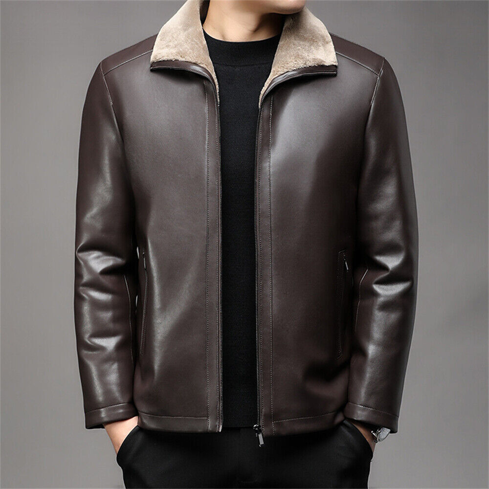 Men Zipper Pu Leather Jacket Casual Coat Winter Warm Outdoor Fleece Coat Outwear
