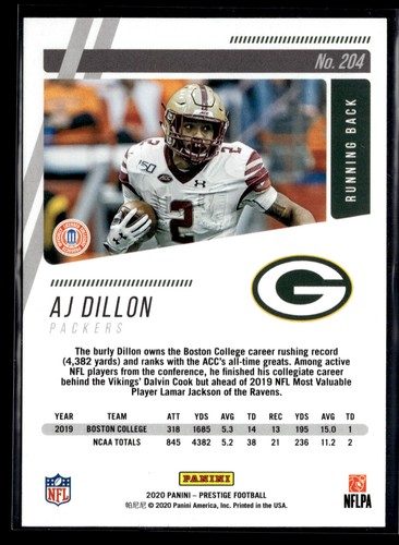 2020 Panini Prestige #204 AJ Dillon Rookie Green Bay Packers - Picture 2 of 2
