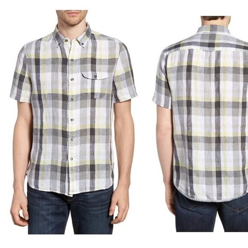New Michael Bastian Linen Shirt Size S Gray Yellow Plaid Button down Casual S/S - Picture 2 of 8